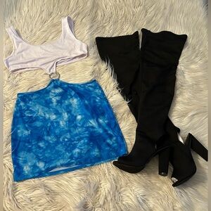 Women’s Blue Tie-Dye Mini Skirt with White Crop Top